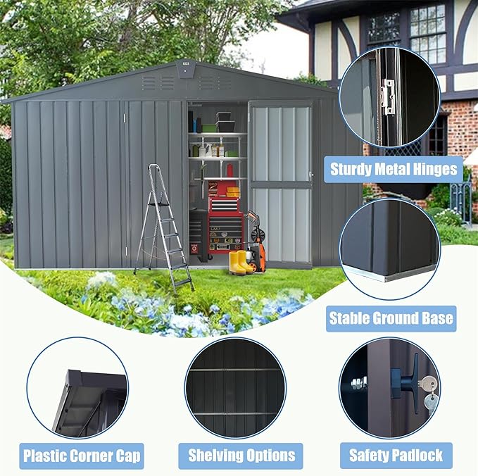 11x12.5ft Outdoor Storage Shed with Windows, Galvanized Steel Garden Shed, Lockable Double Doors and 16 Vents, Large Utility Tool Storage for Backyard Patio