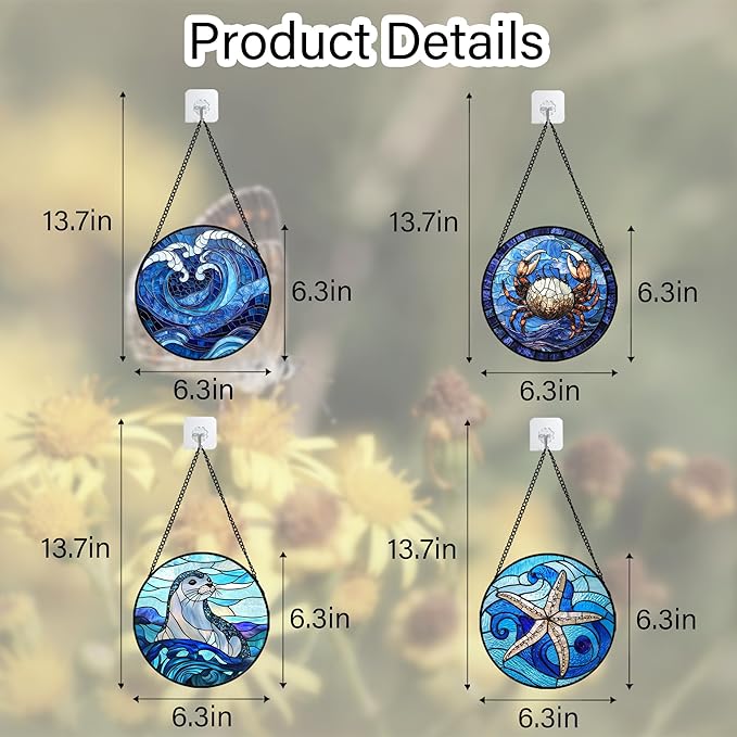 Stained Glass Window Hanging 4 Pcs Set Blue Ocean Waves 6.3" - Starfish Crab Seal Suncatcher Door Garden Sun Catcher Decor Birthday for Mom Woman Nana Men Friend