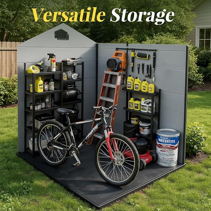 8x6 FT Resin Storage Sheds Outdoor with Floor Included, Plastic Sheds & Outdoor Storage Clearance with 2 Windows and Lockable Door, Backyard Storage Sheds for Garden Tools, Bike, Black+Grey