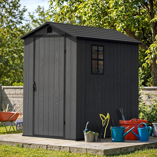 Greesum 4x6FT Plastic Storage Shed with Floor, Resin Outdoor Storaged Sheds with Lockable Door, All Weather Durable Tool Shed with Window and Vent, for Garden, Backyard, Patio, Dark Gray