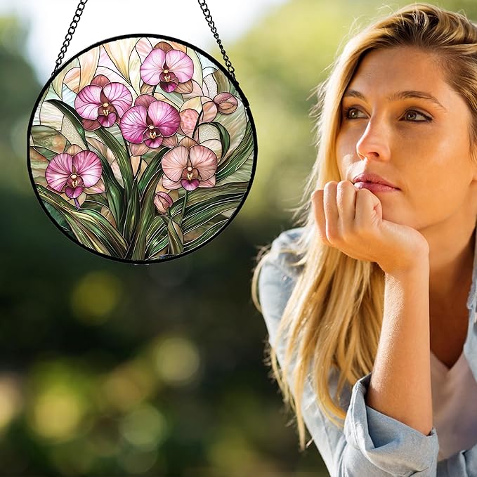 Stained Glass Window Hanging - Pink Phalaenopsis Orchid Green Leaves Sun Catcher for Door Home Decor Flower Suncatcher Christmas Mother's Day Birthday Gifts for Women Men Mom Nana 7.8 in