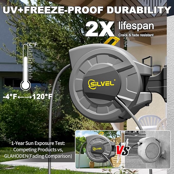 SILVEL 1/2 in x 110 FT Retractable Garden Hose Reel, UV Resistant Heavy Duty Automatic Hose Reel Wall Mount with 10 Pattern Nozzle, Any Length Lock & Slow Return System, 180°Swivel Bracket, Yellow