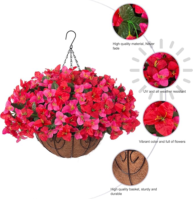 Artificial Fake Hanging Flower Plants Basket for Outdoors Spring Summer Decoration, Faux Bougainvillea Flowers in Planter Look Real UV Resistant Silk Flower for Outside Porch Patio Garden Home Decor