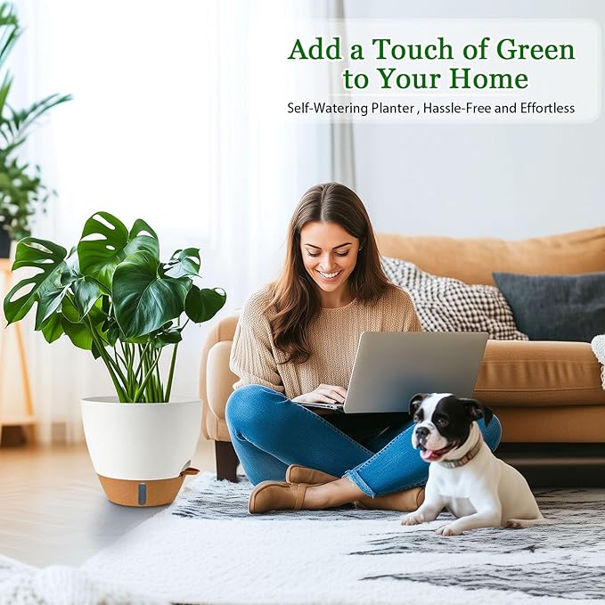 2 Pack 10 inch Plant Pots, Plastic Self Watering Planters with Drainage Holes, Deep Reservoir, Water Level Indicator, Modern Decorative Flower Pots for Indoor Outdoor Plants (White, 10 inch)