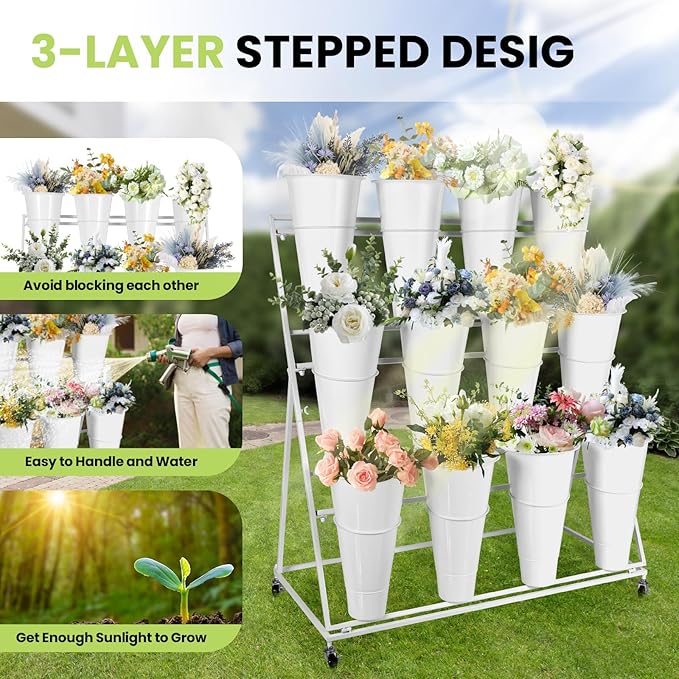 Flower Display Stand with Buckets, 3 Layers 12PCS Buckets Metal Flower Cart Display Stand with Wheels, for Patio Garden, Living Room (3 Layers White Round Bucket)