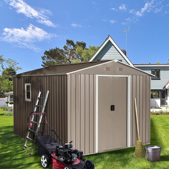 Favfurish 10×8FT Outdoor Metal Storage Shed Large Garden Sheds with Floor Base & Window,Sliding Doors and Padlock for Garden,Backyard,Lawn,Easy to Assemble,Grey
