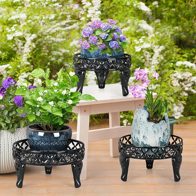 3 Pack Metal Plant Stands Indoor Outdoor,Heavy Duty Iron Flower Pot Stands for Multiple Plants,Rustproof Low Round Plant Holder for Garden,Patio,Home