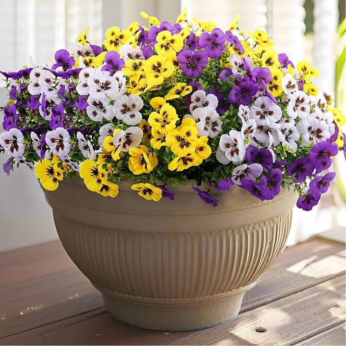 Artificial Fake Pansy Flowers for Outdoor, Faux Silk Pansies Spring Flowers for Outside for Planter Front Door Porch Yard Patio Window Box Home Decor (18, Purple, Yellow, White)
