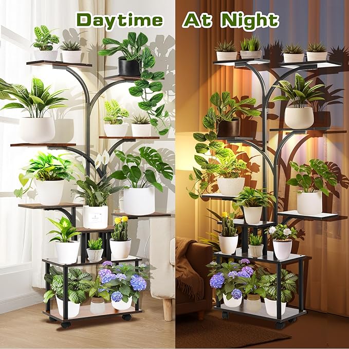 Plant Stand with Grow Light, Plant Shelf with Grow Light, 8-Tiered Metal Plsnt Shelf with Full-Spectrum Grow Lights and 4 Wheels for Multiple Indoor Plants