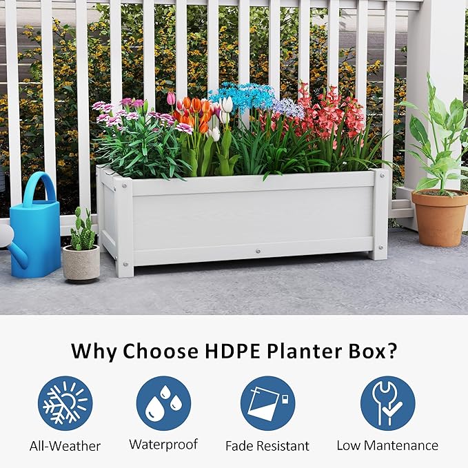 HDPE Raised Planter Box Outdoor,Rot-Resistant and Non-Cracking,Raised Beds for Gardening 29.5 * 14.4 * 9.8 in for Yard,Lawn,Outdoor Planter Boxes Rectangle with Drainage Holes White