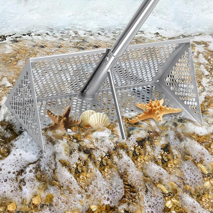 Sand Sifter, 304 Stainless Steel, 16'' Basket with Sharp Teeth, 60" Ergonomic Handle | Equipped with Clam Rake, Sand Flea Sifter, Black Beach Shovel and 5L Bucket