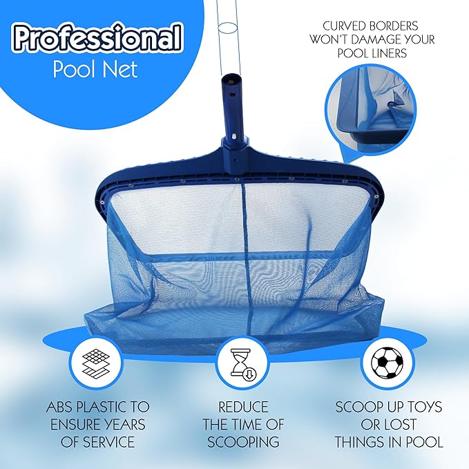 Pool Skimmer Net, Heavy Duty Leaf Rake Cleaning Tool, Fine Mesh Net Bag Catcher Blue