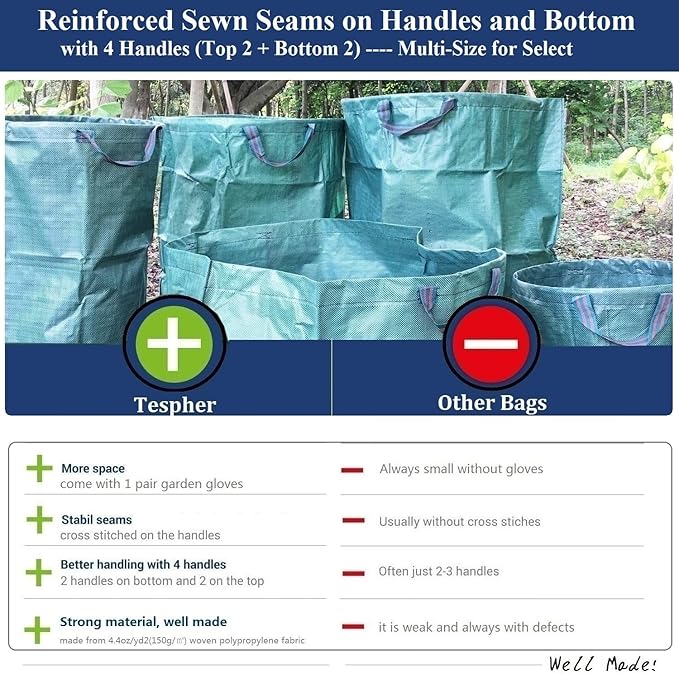 Standard 2-Pack 16 Gallon Yard Lawn Garden Bags (D18, H15 inch) w/Gardening Gloves for Yard Waste Bags,Patio Debris Container,Camping Trash Bin,Recycling Bag,Laundry Bin,Lawn Weeds,Leaf Bag 4 handles