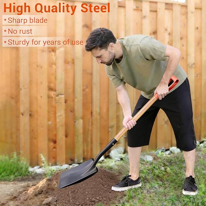 41" Square Shovel, Hardwood Handle, D-Grip, Garden Spading Tool,Flat Shovel for Construction, Landscaping, Gardening