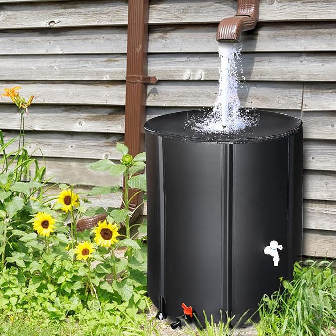 132 Gallon Collapsible Rain Barrel, Water Storage Tank, Portable Rainwater Collection System, Rain Catcher Barrel with Two Spigots and Overflow Kit, Rain Water Barrel Collector for Garden, Black