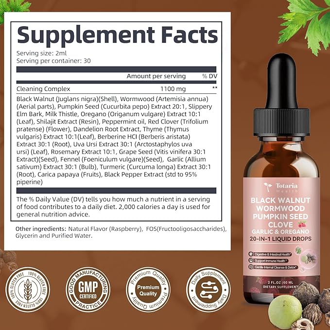 Totaria 2 Pack 20 in 1 Black Walnut Wormwood Tincture - Clove,Pumpkin Seed,Garlic,Oregano,Berberine - Gentle Gut Cleanse & Digestive Health - Alcohol-Free,Gut-Friendly -Raspberry Flavor - 4FL