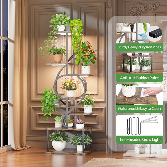 Plant Stand Indoor with Grow Light,8 Tiered Indoor Plant Stand,58" Tall Plant Flower Shelf,Creative Note Shaped Plant Holder for Home,Patio,Brown