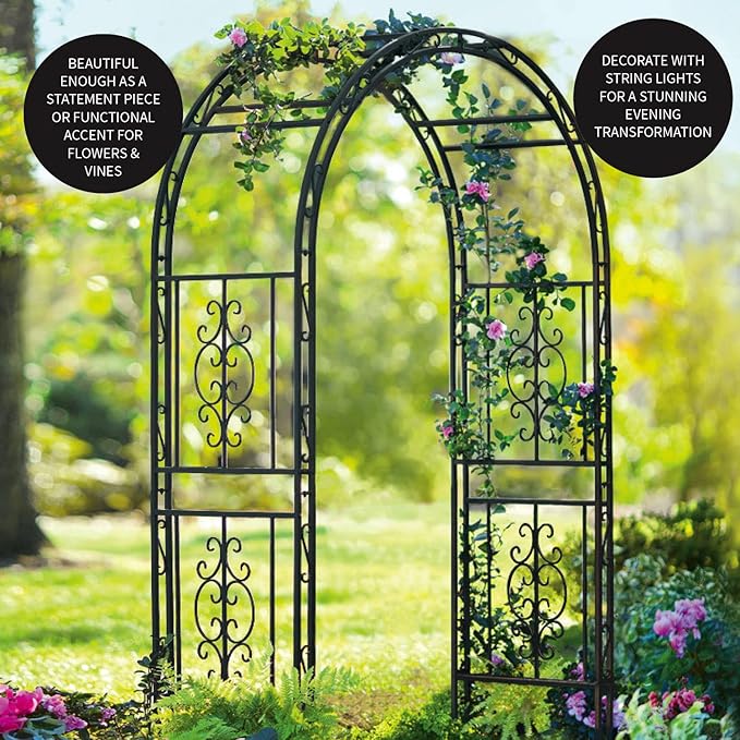 Plow & Hearth Arch Metal Outdoor Garden Arbor | Montebello | 7 Feet Tall | Gun-Metal | Iron Trellis Lattice for Climbing Plants | Wedding | Outdoor Patio Décor