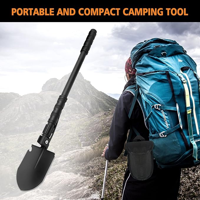 FLYEGO 9-in-1 Folding Camping Shovel, Multifunctional Military Shovel Portable Metal Detecting Shovel High Carbon Steel Entrenching Tool, Car Emergency, Hiking, Garden, Trenching, Backpacking