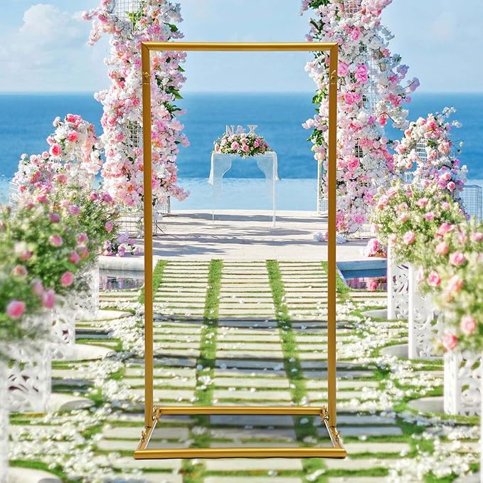 1.6*3.3FT Wedding Arch Stand for Ceremony Gold Square Modern Metal Balloon Arch Stand Kit Garden Floral Arch Frame Background for Anniversary Birthday Party Decoration Home Garden Outdoor Lawn Decor