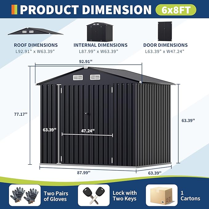 6x8 FT Metal Storage Sheds Outdoor, MetalTool Shed with Lockable Door, MetalYard Sheds Garden Shed Kit, Metal UtilitySheds Buildings with Air Vent for Backyard Garden Patio Lawn