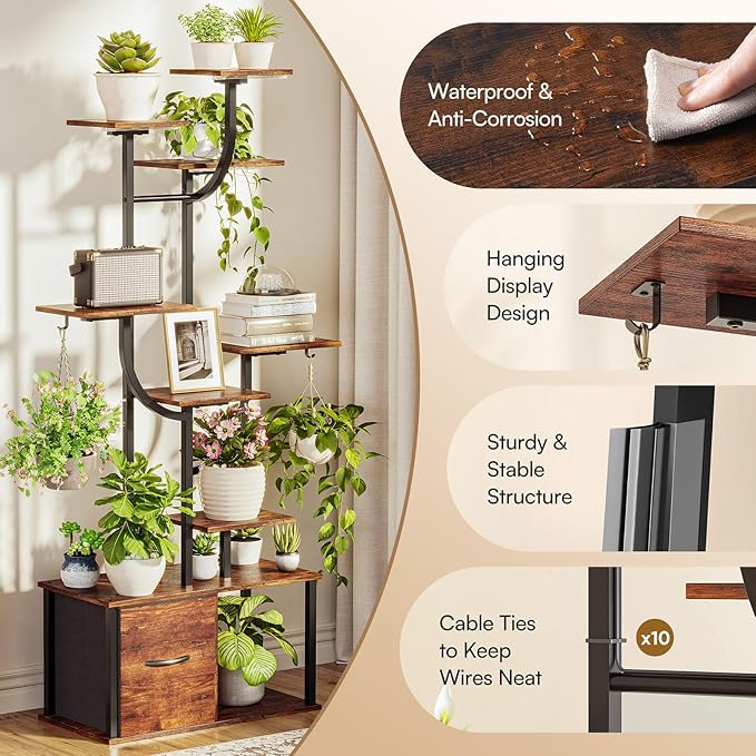 cebihy 9 Tiered 59'' Plant Stand Indoor with Grow Light 3 Color Modes, Plant Shelf with Drawer, 10 Brightness Levels, Timer, Wide Base, Corner Plant Stands for Living Room, Balcony (Tall 59'')