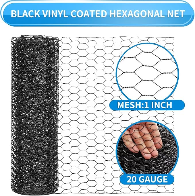 24'' x 50' Black Chicken Wire Fencing, 1 inch Chicken Wire and 20 Gauge Poultry Netting, Garden Mesh Fence Roll for Floral Arrangements,Crafts, Farm,Livestock,Pet Protection