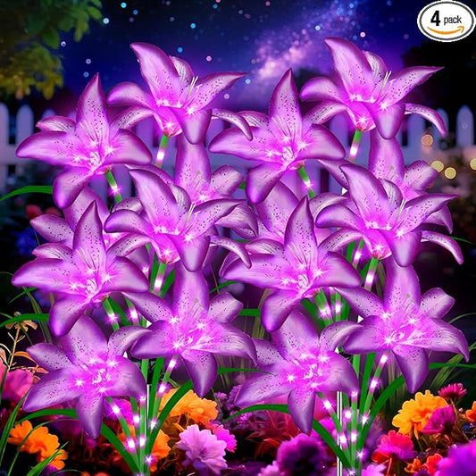ANGMLN Solar Garden Lights 4 Pack 16 Purple Lily Flowers, Christmas Birthday Gifts Outdoor Solar Flower Lights,Cemetery Flowers for Grave - Decorative Lilies for Yard, Patio, Pathway Decorations