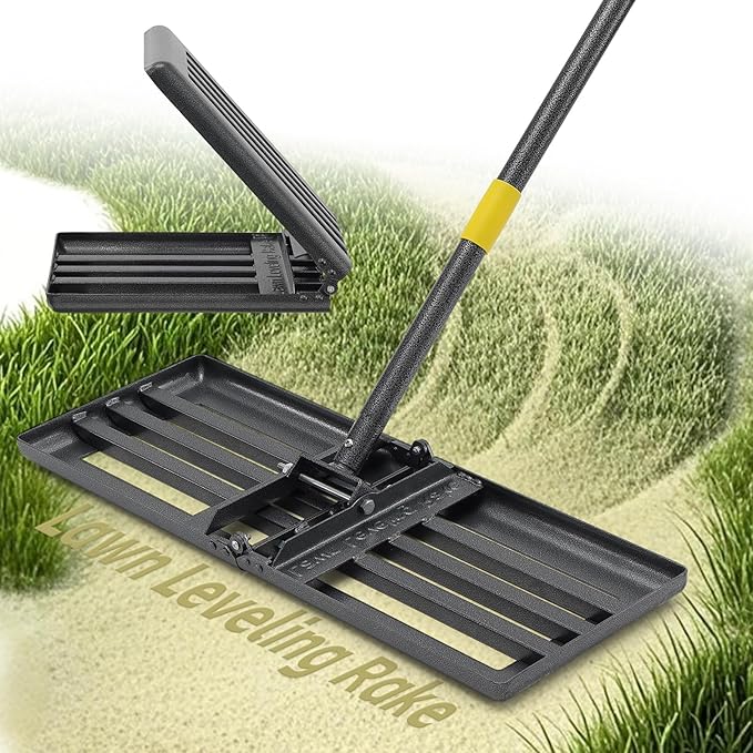 Lawn Leveling Rake 30”x10” Large Heavy Duty Metal Lawn Leveler with 65” Long Adjustable Handle Proffesional Yard Leveling Rake for Soil Dirt Sand Compost Efficient Folding Lawn Leveling Tool