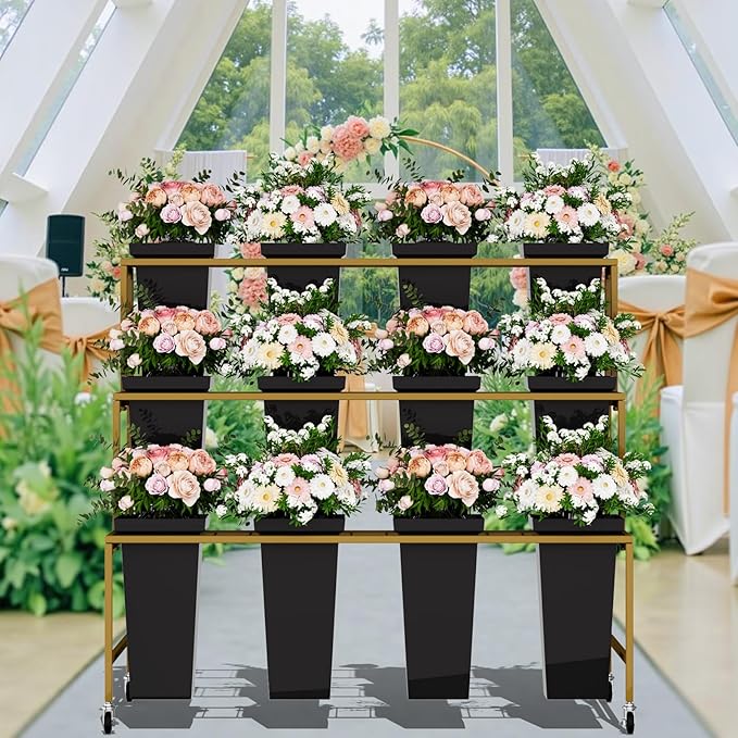 3-Layer Metal Flower Stand with 12 Buckets, Black Square, 23 lbs, for Patio, Garden, Living Room
