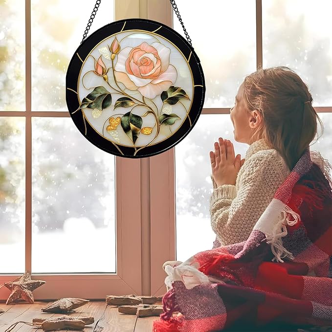 Stained Glass Window Hanging - Black White Pink Rose Sun Catcher for Door Home Decor Flower Suncatcher Christmas Mother's Day Birthday Gifts for Women Men Lovers Mom Nana 6.3 in