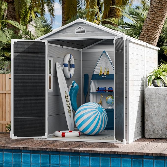 CDCASA 8x6 FT Resin Storage Shed, Large Waterproof Outdoor Sheds with Floor & Lockable Door & Vents, Outside Plastic Tool Shed for Backyard, Patio, Poolside, Cabinet