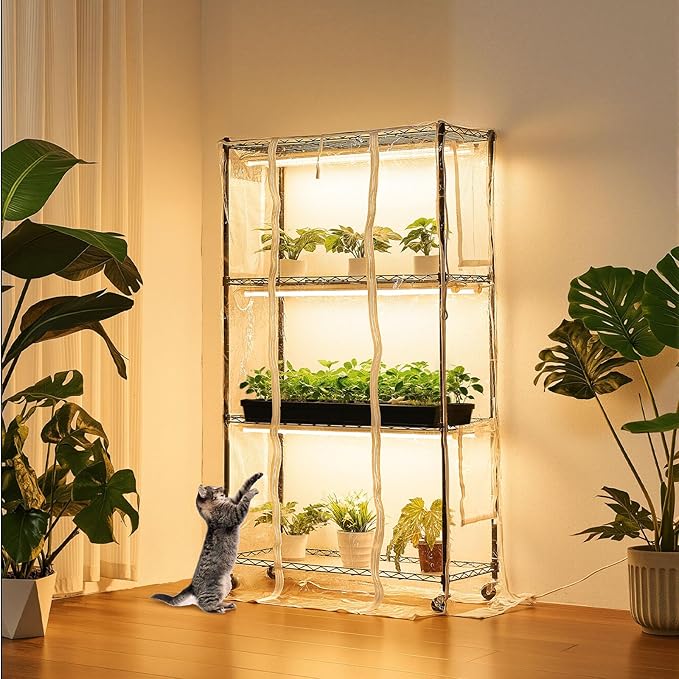 VEVOR Indoor Greenhouse with Grow Light, 59 in Tall 4-Tier Plant Stand with Clear Cover, Timer & Hygrometer, 180W Full Spectrum Grow Lights, Metal Lighted Plants Shelf Holder for Indoor Plants
