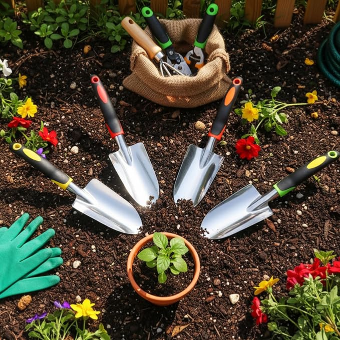 12 Pcs Garden Shovel Aluminum Alloy Heavy Duty Trowel Small Digging Shovels Metal Hand Trowel Spade with Soft Handle for Garden Lawn Yard Planting Tool (Wide Shovel,Yellow,Green,Orange,Red)