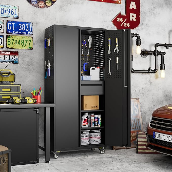 71" H*15" D*30" W Garage Storage Cabinet with Wheels and Doors,Lockable Metal Storage Cabinet with Pegboard Hooks and Drawer for Garage Warehouse Home,Required Assembly,Black