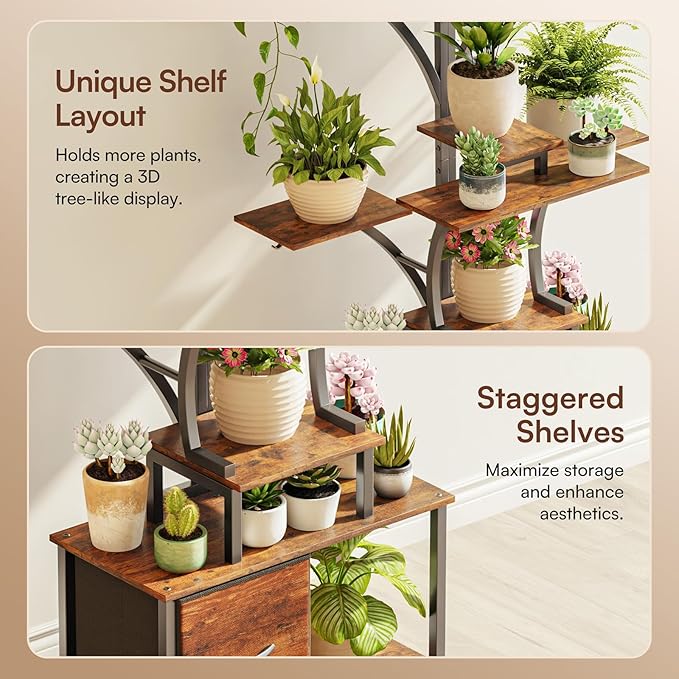 Tree-shaped 63" Tall Plant Stand Indoor with Grow Light 3 Color Modes - 10 Tiered Plant Shelf with Drawer, 10 Brightness Levels, Timer, Wide Base, Lighted Corner Plant Stands for Living Room, Balcony