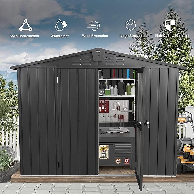 8.2x6.2ft Outdoor Storage Shed, Galvanized Steel Garden Shed with Gable Roof, Lockable Double Doors and 32 Air Vents, Large Utility Tool Storage for Backyard Patio