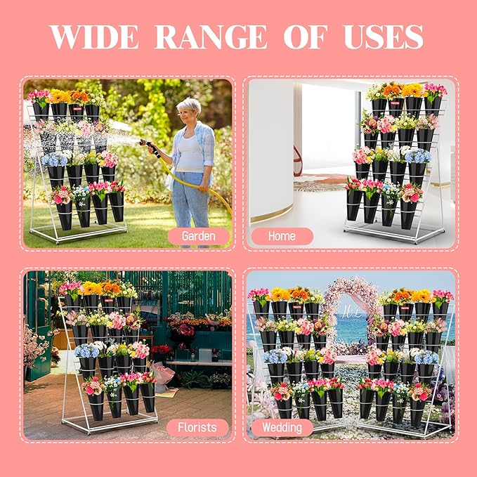 Flower Display Stand with Buckets, 4 Layers 16 PCS Buckets Plant Stand with Wheels, Movable Metal Plant Stand for Terrace Garden, Living Room, Florist Shop (White Frame - Black Buckets, 4-Tier)