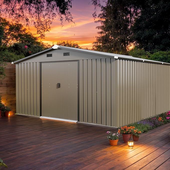 10x12 FT Outdoor Storage Shed, Extra Large Metal Shed with Lockable Doors,Vent & 2 Windows, All-Weather Tool Shed Storage House for Backyard,Garden,Patio, Lawn, Brown