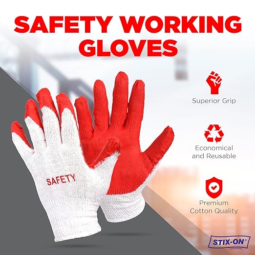 SAFETY Non-Slip 100 Pairs Work Construction Gloves - Red Latex Cotton Working Nitrile Rubber Palm Coated Garden Medium/Large (Pack of 100)