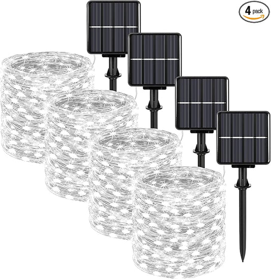 Extra-long 288FT 800 LED Solar Fairy String Lights, 4-Pack 72FT 200 LED Outdoor Twinkle Lights Waterproof 8 Lighting Modes Cool White Silver Wire Lights for Deck Backyard Tree Garden Fence Pool Party