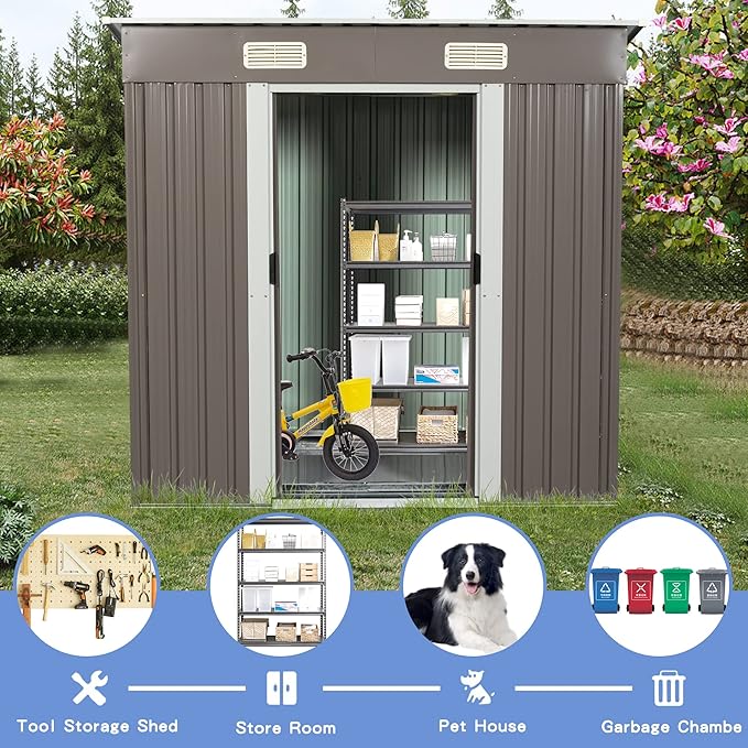 Favfurish 6 x 4 FT Outdoor Storage Shed,Metal Anti-Corrosion Utility Tool House with Punched Vents, w/Sliding Doors & Padlock,Waterproof Garden Sheds for Backyard Lawn Patio,Grey