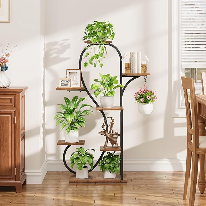 POZILAN Plant Stand Indoor with Grow Lights - 47" Plant Shelf Indoor, 7 Tiered Plant Stands for Indoor Multiple Plants, Metal Corner Plant Holder, S-Shaped for Living Room, Patio, Home Décor, Black