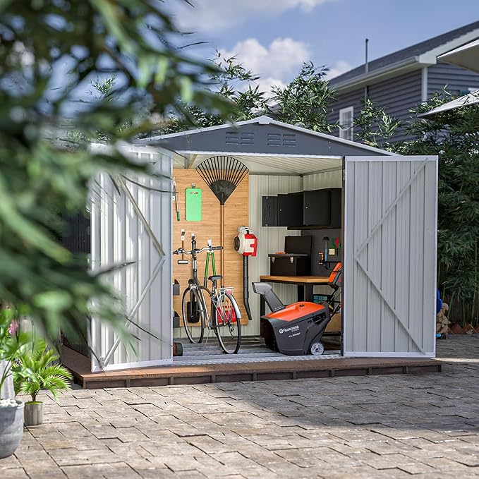 8x6 ft Outdoor Waterproof Metal Storage Shed with Foundation Floor Frame, Lockable Hinged Doors & Air Vents, All Weather Garden Tool Shed for Backyard Lawn, Galvanized Steel - Grey