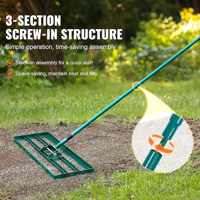 VEVOR Lawn Leveling Rake, 36“ x10 Level Lawn Tool, Heavy-Duty Lawn Leveler with 78"" Steel Extended Handle, Yard Leveling Rake Suit for Garden, Golf Lawn, Farm, Green