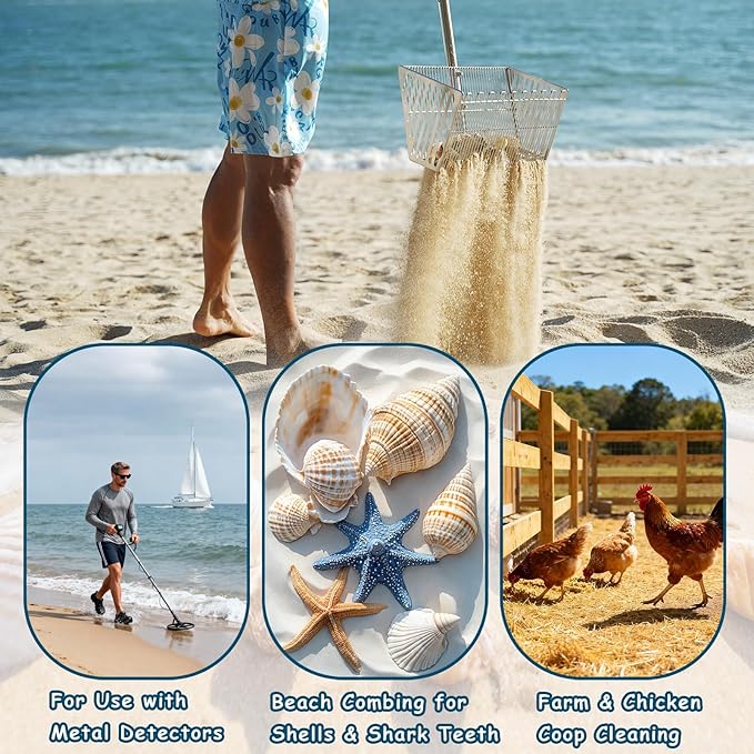 Sand Flea Rake for Beach：Metal Detachable Sand Sifter with 70in Handle,Portable Shark Tooth Sifter,Sturdy Beach Shovel for Shells,Fleas,Suitable for Beach Camping,Parent-Child Activities