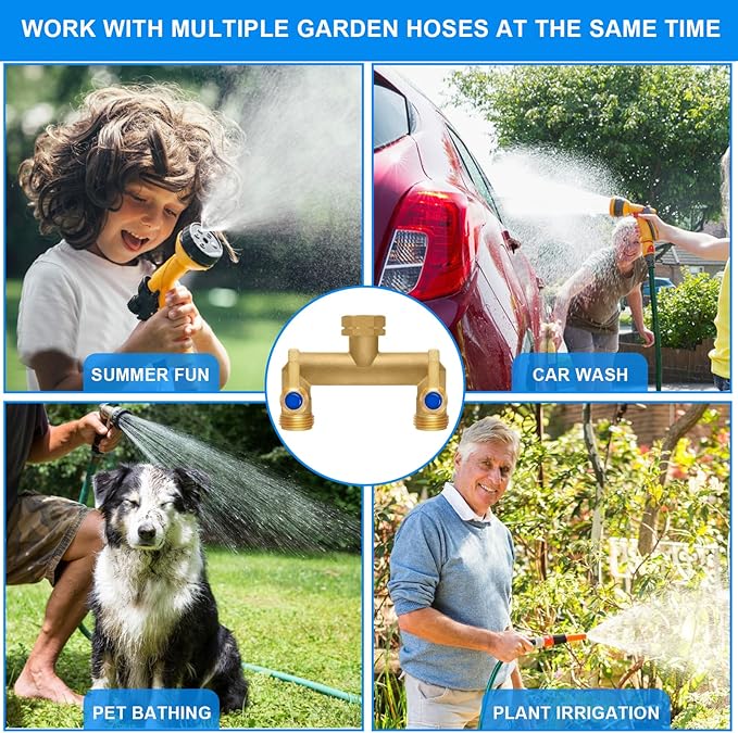 Brass Garden Hose Splitter, Garden Hose Splitter 2 Way Heavy Duty, Outdoor Hose Splitter, GHT 3/4 in. Female Inlet and 3 Way 3/4 in. Male Outlet for Regulating and Shutting Off Water Flow