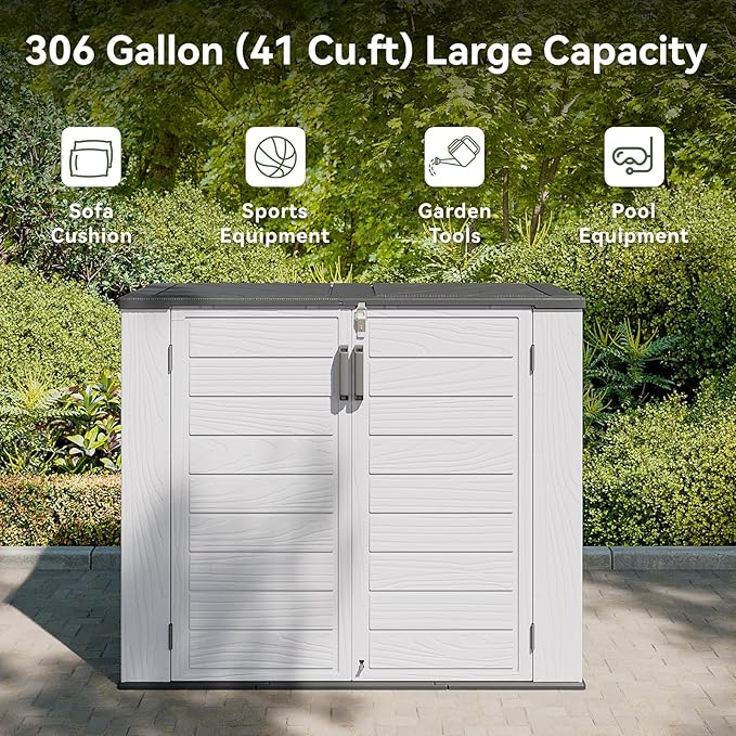 AOXUN Horizontal Storage Sheds 41 Cu.ft, HDPE Outdoor Storage Box 160 Gallon, Waterproof Lockable Resin Deck Box with Spring-Assisted Lid, Patio Storage for Garden, Pool, Cushions, Tools, White