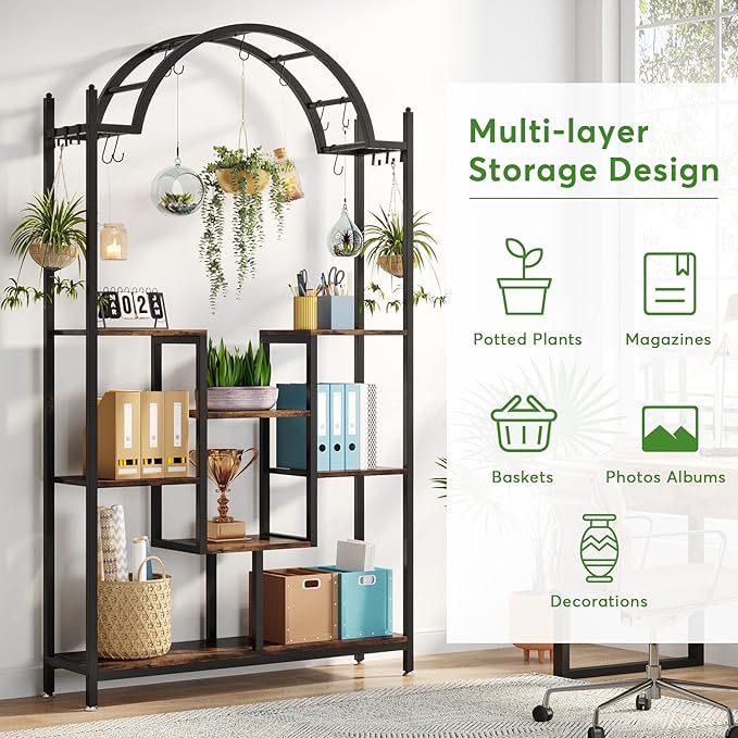 Tribesigns 5-Tier Tall Indoor Plant Stand, 74.8'' Arched Metal Flower Shelf with Hanging Hooks, Large Bonsai Pots Display Rack for Indoor, Balcony, Living Room