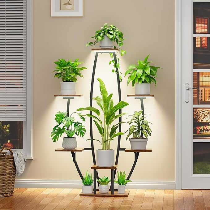 JUSTOGO Plant Stand Indoor with Grow Lights - 7 Tiered Large Plant Shelf, 47" Corner Shelf for Indoor Plants Multiple, Metal Flower Holder Curved Display Rack for Living Room, Home Decor, Patio